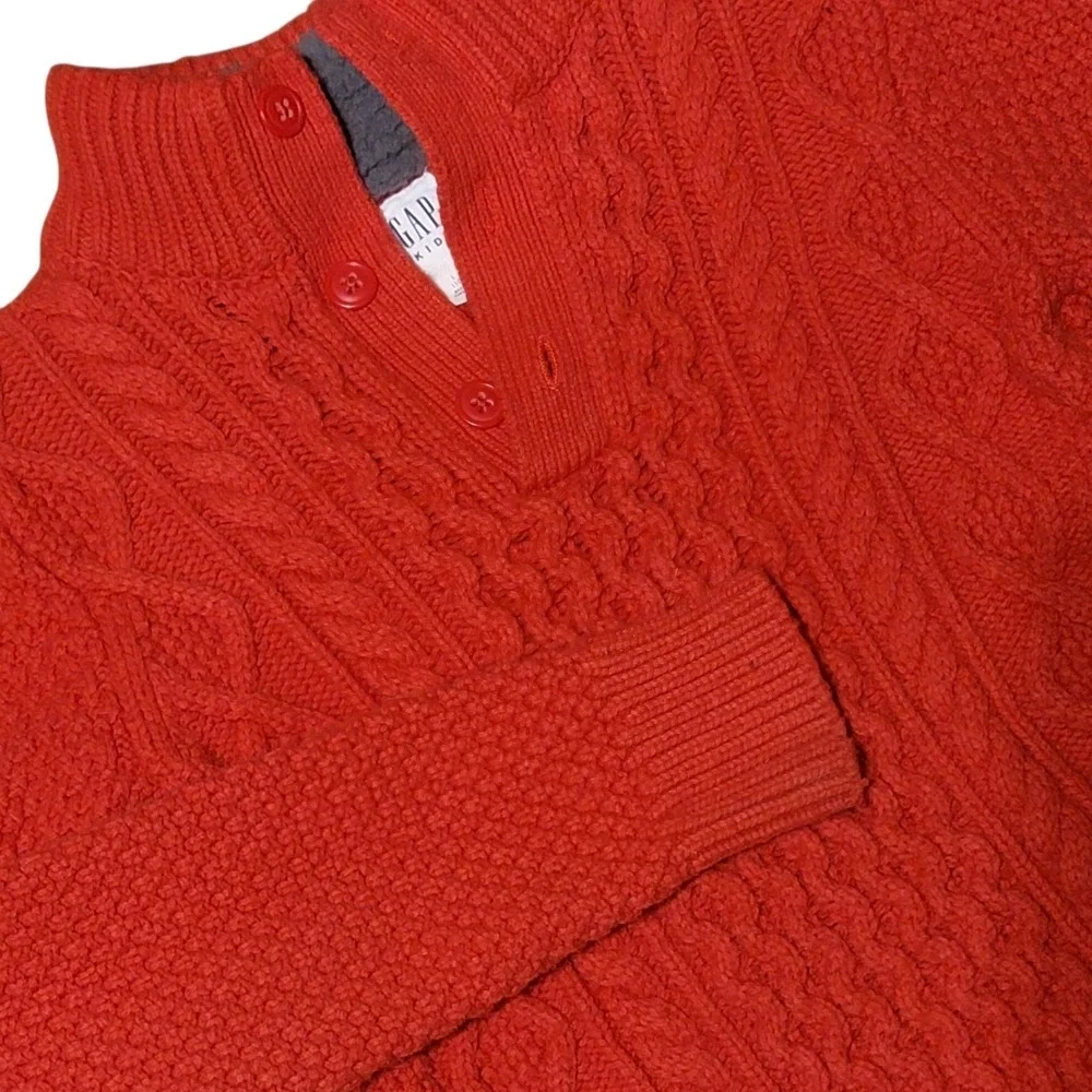 Gap Cable Knit Sweater Boys L (10) Button-Up Henley Collar Fisherman Red‎